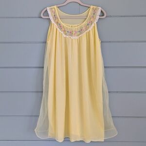 Vintage 60s Babydoll Chiffon Nightgown Pale Yellow Floral Embroidered Nighty